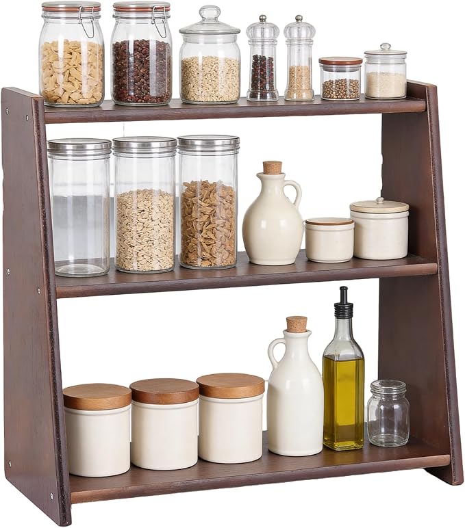 100% Solid Wood Kitchen Countertop Organizer, 3 Tier Spice Rack, Rustic Bathroom Countertop Organizer, Trinket Shelf, Tiered Display Stand for Spices, Makeup, Collectibles & Home Decor