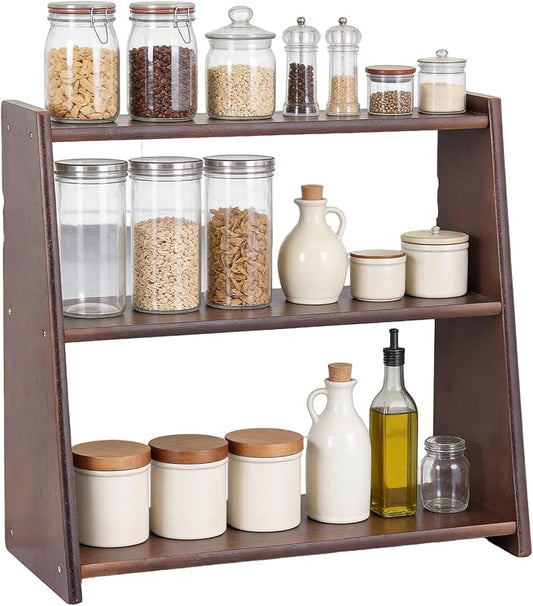 100% Solid Wood Kitchen Countertop Organizer, 3 Tier Spice Rack, Rustic Bathroom Countertop Organizer, Trinket Shelf, Tiered Display Stand for Spices, Makeup, Collectibles & Home Decor