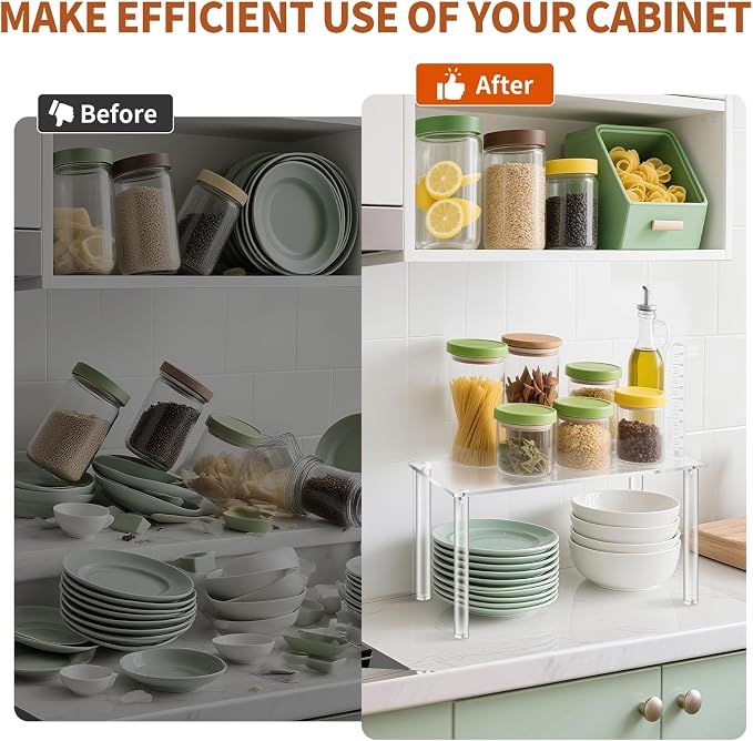 Acrylic Clear Dish Organizer for Cabinet, Set of 2 Spice Rack Organizer Stackable for Pantry and Small Spaces, Desk Countertop Shelf Organizer for Kitchen Bathroom Cupboard Storage