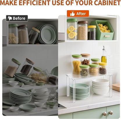 Acrylic Clear Dish Organizer for Cabinet, Set of 2 Spice Rack Organizer Stackable for Pantry and Small Spaces, Desk Countertop Shelf Organizer for Kitchen Bathroom Cupboard Storage