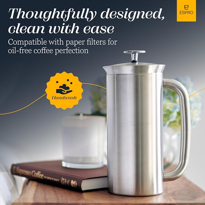 ESPRO Fathers Day French Press Coffee Maker for Dad, Pro P7 Brushed Stainless Steel 304, Patented Double Walled Micro-Filter, Insulated Grit-Free Brew, Heat Resistant BPA Free, 32oz