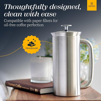 ESPRO Fathers Day French Press Coffee Maker for Dad, Pro P7 Brushed Stainless Steel 304, Patented Double Walled Micro-Filter, Insulated Grit-Free Brew, Heat Resistant BPA Free, 32oz