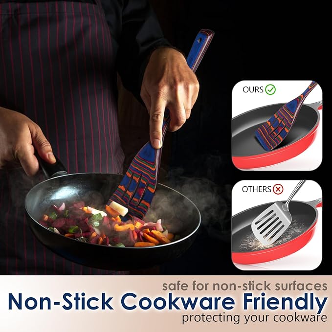 HOWHONG Wooden Spoons for Cooking, Pakkawood Kitchen Utensil Set Spectrum Color, Premium Durable Wooden Utensils for Nonstick Cookware, Heat Resistant, Smooth Finish, Comfortable Grip, 7 Piece