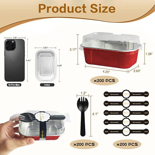 Mini Cake Pans With Lids And Spoons,5.5 oz Rectangle Mini individual Loaf Pans Disposable Aluminum Foil Small Baking Cups Tins (200, Red)