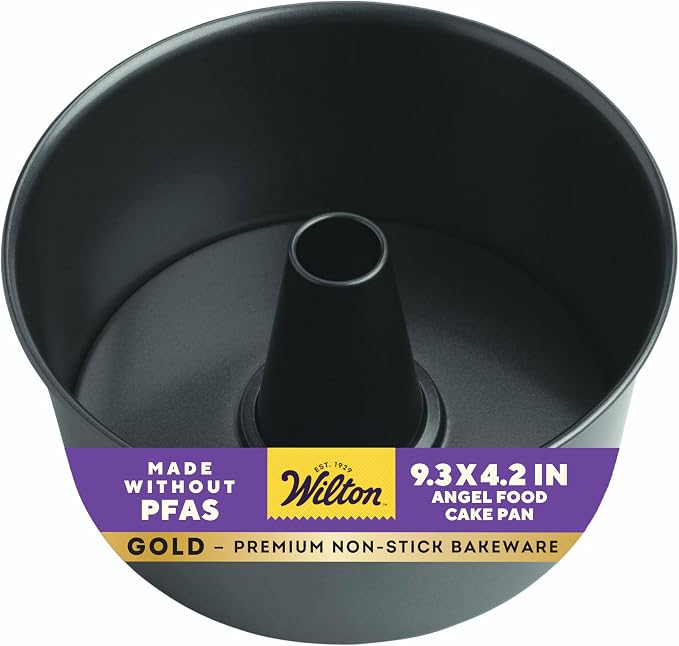 Wilton Gold Non-Stick 9.37 in. Angel Food Tube Cake Pan, Cold-Rolled Steel Bakeware, Made without PFAS, Packaging May Vary