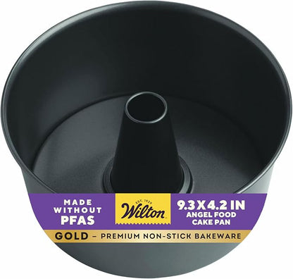 Wilton Gold Non-Stick 9.37 in. Angel Food Tube Cake Pan, Cold-Rolled Steel Bakeware, Made without PFAS, Packaging May Vary