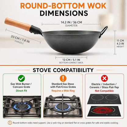 WANGYUANJI 14.2 Inch Round Bottom Carbon Steel Wok, Nitrided Iron Chinese Stir Fry Pan for Gas Wok Burner, Wok Ring Needed for Flat Gas Grates, Wooden Handle