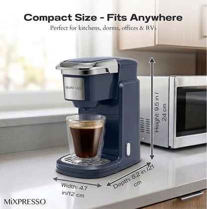 Mixpresso Single Cup Coffee Brewer - Quick Brew, One Touch Function, 12oz One Cup Grey Coffee Maker