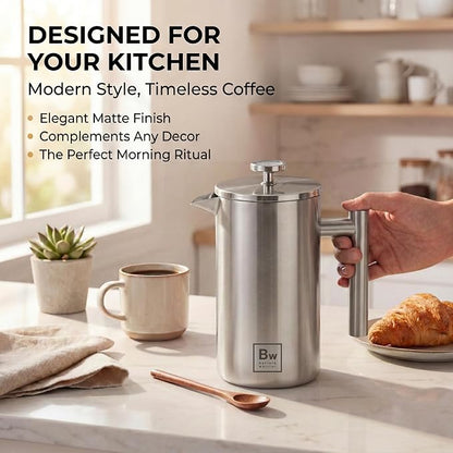 Barista Warrior French Press Coffee Maker - Double-Wall Stainless Steel Insulated French Press with Built-In Thermometer, Dual Filters Coffee Maker with Wooden Spoon - Silver