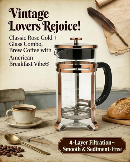 21oz French Press Coffee Maker, Thickened Borosilicate Glass & 304 Stainless Steel Double Mesh Filter. Cold Brew & Tea Brewer for Travel Camping, Kitchen Decor, Bar Accessories Gift (Copper)
