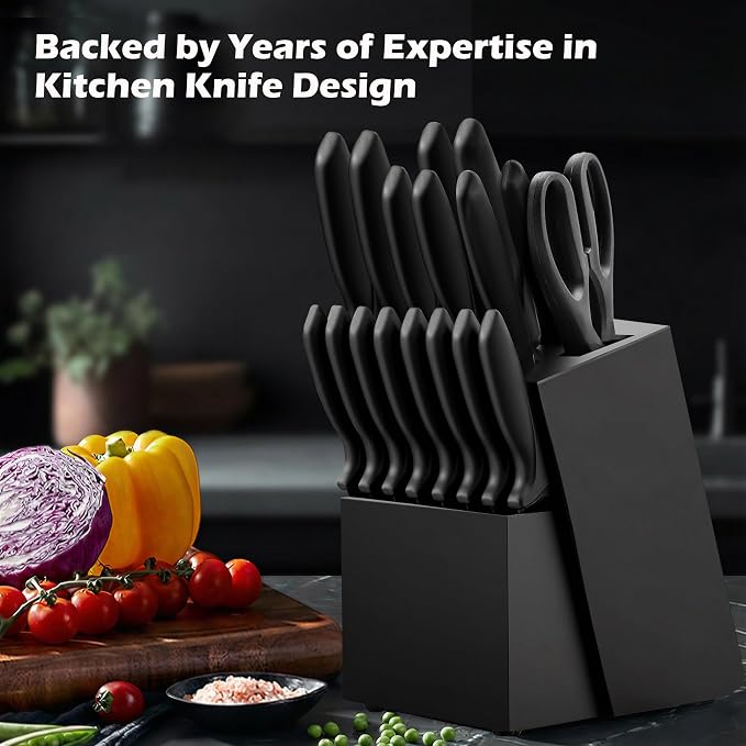 Knife Set, KroWallu 20 Pieces Knife Sets for Kitchen with Block, Dishwasher Safe Kitchen Knife Set with Built-in Sharpener, German Stainless Steel Black Knife Block Set