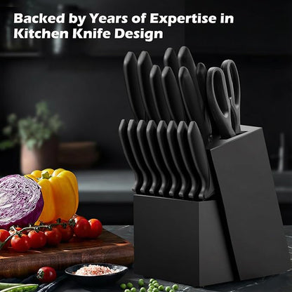 Knife Set, KroWallu 20 Pieces Knife Sets for Kitchen with Block, Dishwasher Safe Kitchen Knife Set with Built-in Sharpener, German Stainless Steel Black Knife Block Set