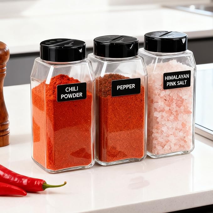 SINJEUN 32 Pack 16 Oz Plastic Spice Jars with Black Cap, Empty Seasoning Bottles with Shaker Lids, Clear Seasoning Containers for Kitchen Storing Spice, Powders, Salt, Herbs