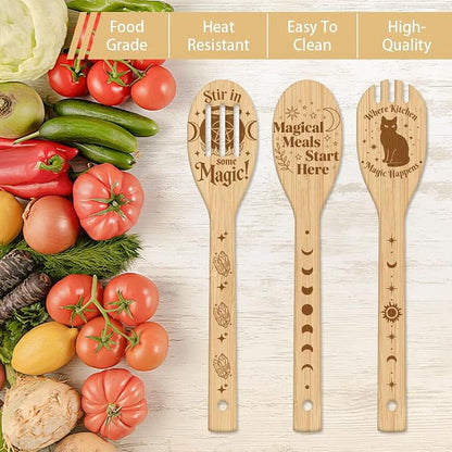GLOBLELAND 6 Pcs Magic Wizard Words Wooden Spoons Utensil Set Magical Black Cat Bamboo Carving Kitchen Cooking Utensils Wooden Engraved Cooking Spatula Sets for Kitchen Fun House Warming Gift