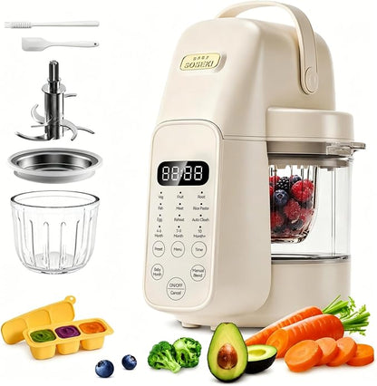 SosekiBaby FM01 Baby Food Maker with Glass Bowl One Step Baby Blender-Food Processor and Steamer Puree Grinder 316L Stainless Steel Blades Auto Cooking & Easy Cleaning-BPA-Free Ivory
