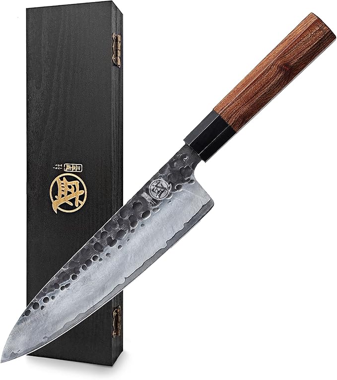 MITSUMOTO SAKARI 8 Inch Japanese Gyuto Chef Knife | Hand forged, 3-layer 9Cr18MoV steel, rosewood handle, sandalwood box, for meat, fish and vegetables