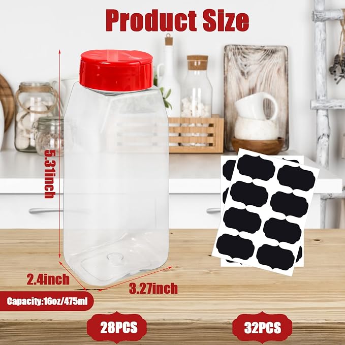 28 Pack 16 Oz Plastic Spice Jars Bottles Containers with Red Cap Empty Seasoning Bottles Large Clear Spice Shaker and Stickers for Storing Spice, Salt, Herbs