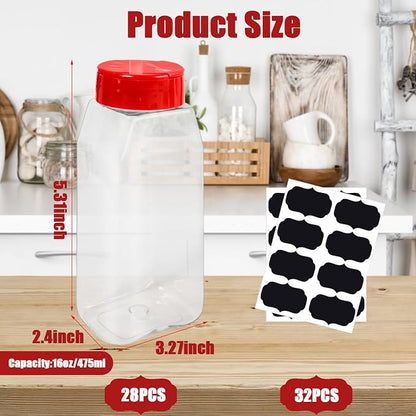 28 Pack 16 Oz Plastic Spice Jars Bottles Containers with Red Cap Empty Seasoning Bottles Large Clear Spice Shaker and Stickers for Storing Spice, Salt, Herbs