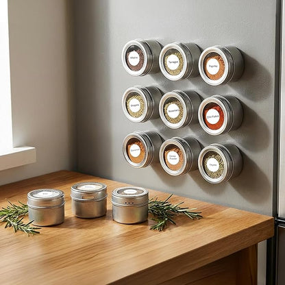 Bekith 20 Pack Magnetic Spice Jars, Magnetic Spice Containers for Refrigerator, Seasoning Tins with Clear Top Lid, 240 PVC Spice Label Set