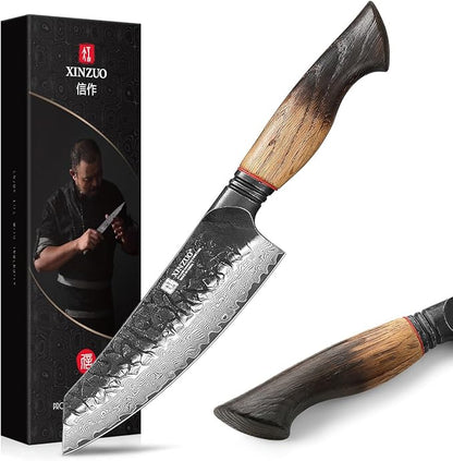 XINZUO 5.7 Inch Damascus Small Santoku Knife,67-Layer Damascus Steel Razor Sharp Blade,Multi-Purpose Kitchen Knife For Meat,Vegetables & All Tasks With White Oak + Red G10 Gasket Handle