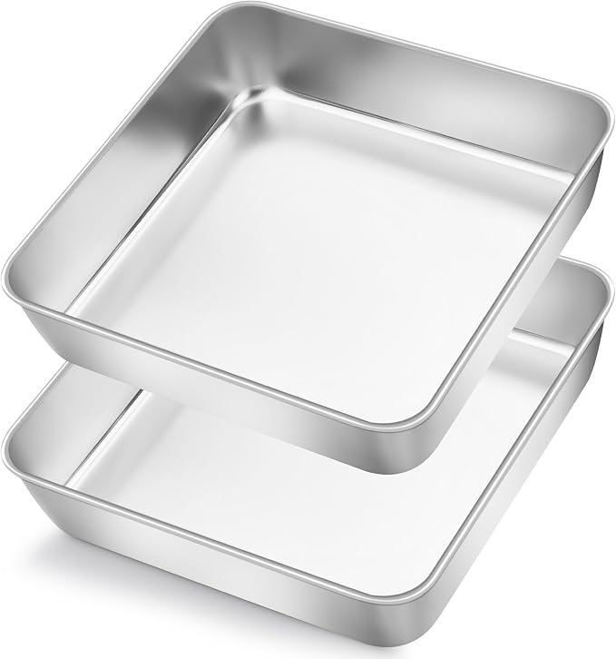 Herogo 8"x 8" Square Cake Pan, Stainless Steel Square Baking Pan, Cakes Brownie Lasagna Bakeware Set of 2, Healthy & Dishwasher Safe