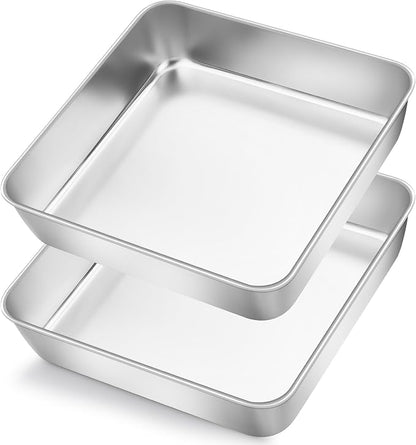Herogo 8"x 8" Square Cake Pan, Stainless Steel Square Baking Pan, Cakes Brownie Lasagna Bakeware Set of 2, Healthy & Dishwasher Safe