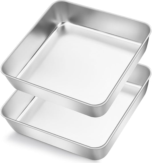 Herogo 8"x 8" Square Cake Pan, Stainless Steel Square Baking Pan, Cakes Brownie Lasagna Bakeware Set of 2, Healthy & Dishwasher Safe