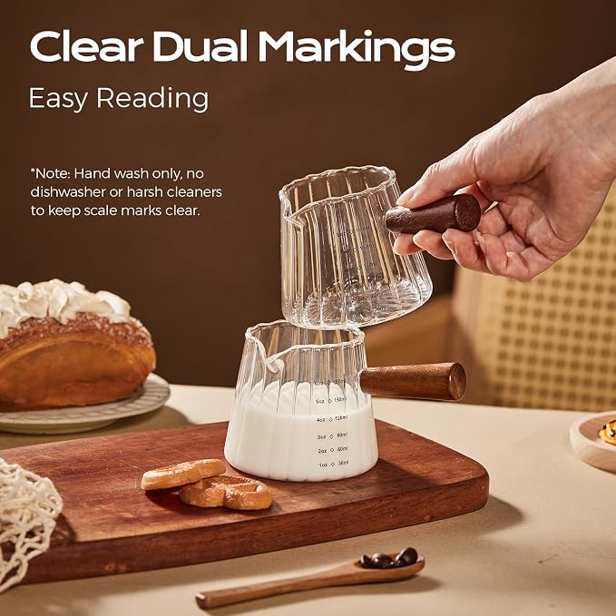 YARRAMATE 6 oz/180ML Glass Measuring Cup with Wooden Handle – Espresso Shot Cups, Ribbed Milk Frothing Pitcher, Dual Scale Markings, V-Shaped Mouth for Easy Pouring (2 Pack)