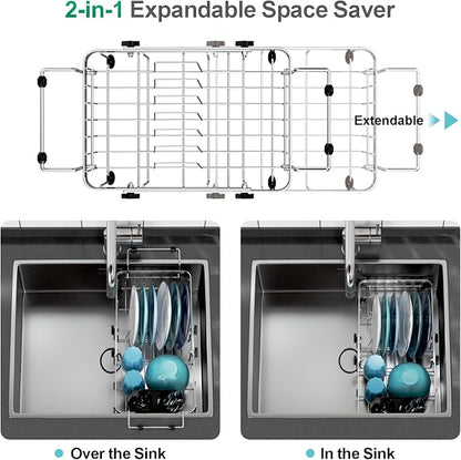 GSlife Small Over the Sink Dish Drying Rack - 9" W Expandable Stainless Steel Compact Dish Drainer for RV, Apartment, Camper, Kitchen, Dish Strainer with Lock Knob, Silver