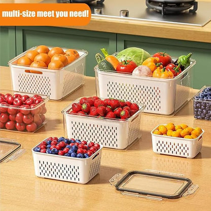 4-in-1 Food Storage Containers with Drain Basket – Leak-Proof Berry, Vegetable & Watermelon Containers for Fridge (Blue, 3PCS)