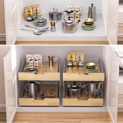 Sikarou Pull Out Cabinet Organizer,Heavy-Duty Slide Out Shelf, Wood and Wire Basket, Pull Out Drawer for for Kitchen Under Sink Space, Pantry, Bathroom, 2 Tie 26 * 21 in