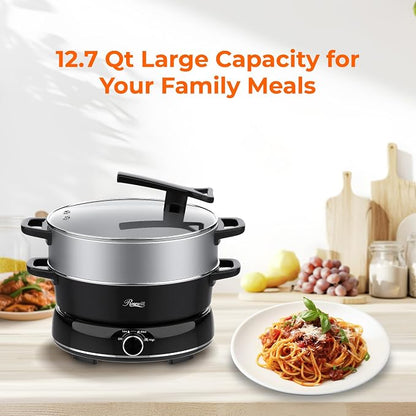 Rosewill 12.7 QT Electric Hot Pot Slow Cooker with Multiple Functions, Split Design with 11.8 inch Wider Cooking Pot and SUS Steam Basket, 1600W High Power, Includes Utensils - Black