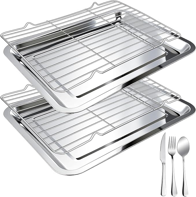 4 PCS Stainless Steel Baking Sheet Set,16 X 12 In Baking Pan (2 Sheets + 2 Racks) with Stainless Steel Fork,Spoon and Knife,Rust Baking Tray Pan for Kitchen Oven,Easy Clean&Durable