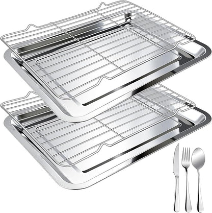 4 PCS Stainless Steel Baking Sheet Set,16 X 12 In Baking Pan (2 Sheets + 2 Racks) with Stainless Steel Fork,Spoon and Knife,Rust Baking Tray Pan for Kitchen Oven,Easy Clean&Durable
