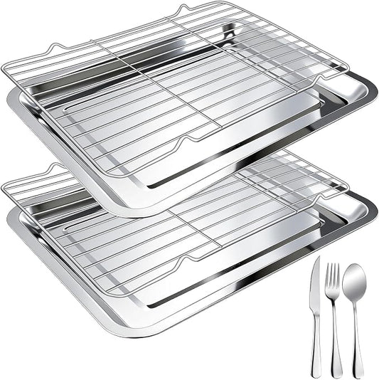 4 PCS Stainless Steel Baking Sheet Set,16 X 12 In Baking Pan (2 Sheets + 2 Racks) with Stainless Steel Fork,Spoon and Knife,Rust Baking Tray Pan for Kitchen Oven,Easy Clean&Durable