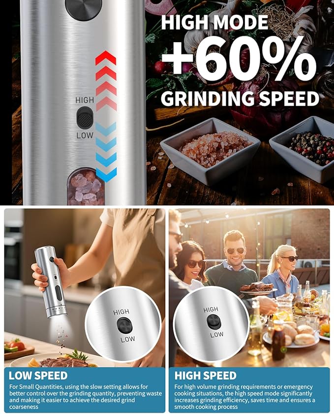 CIRCLE JOY Electric Salt and Pepper Grinder Set with Rechargeable Base Upgraded Stainless Steel Automatic Salt and Pepper Shakers with 2 Grinding Speeds, External Adjustment and 110ml Capacity, Silver