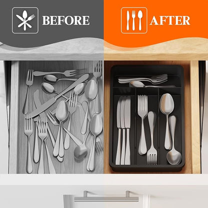 Lifewit Silverware Drawer Organizer Tray, Plastic Cutlery Storage for Kitchen, Flatware and Utensil Holder Divider for Spoons Forks Knives Tableware, 7.8 x 12.4", 4 Slots, Black