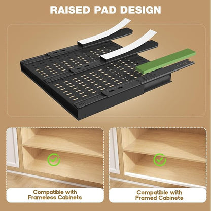 Seinloes Pull Out Cabinet Organizer, 4-Side Expandable to Fit Most Cabinets, 3 Rail Slide Out Drawers with Raising Pad for Framed & Frameless Cabinets, 13"-21" W x 17"-24" D, Black, 2 Pack