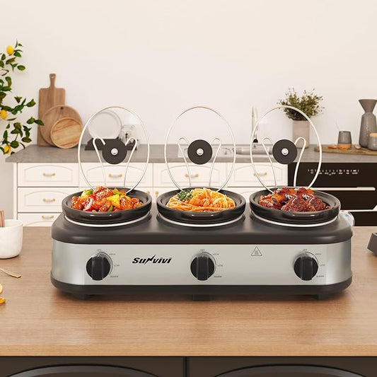 Sunvivi Triple Slow Cooker, Buffet Server and Food Warmer, Small Mini Pot with 3 Adjustable Temp & 3 Visible Glass Lids, for Parties, Holidays and Entertaining, Stainless Steel, 3 * 1.5 Quarts