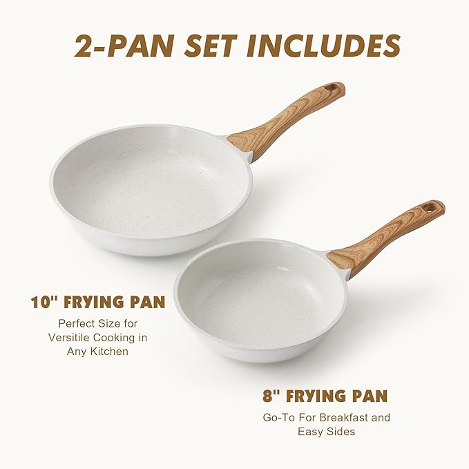 SENSARTE Nonstick Frying Pan Skillets, Ceramic Coating Omelette Pans, Healthy Cookware Chef's Pan, White, Free of PTFE & PFAS (8+10 Inch)