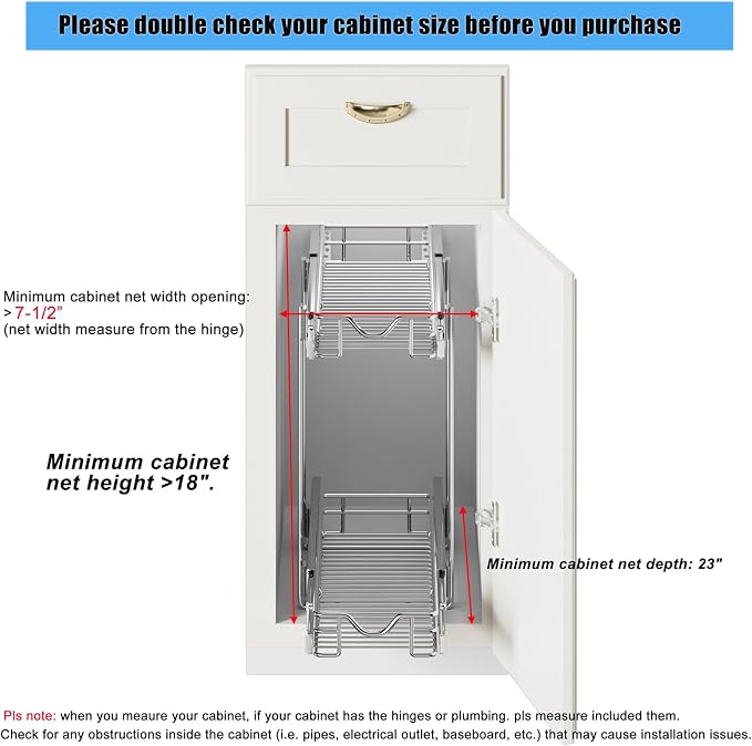 DINDON Pull Out Cabinet Organizer (7-1/2" W x 21-1/2"D), Cabinet Pull Out Shelves, 2 Tier Pull Out Drawers for Kitchen Cabinets, Wire Basket Slide Out Shelf for Cabinet Organization