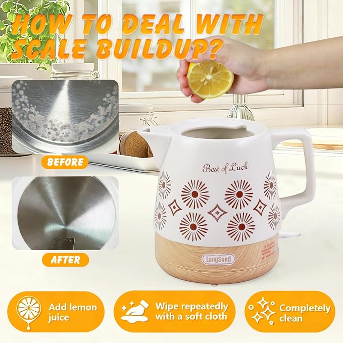 Ceramic Electric Kettle Pot 1.1 Quart, Boiling Water boiler, Teapot Automatic Shut-Off, BPA-Free, Rapid Boil For Coffee & Tea, Boil-Dry Protection, 1000W