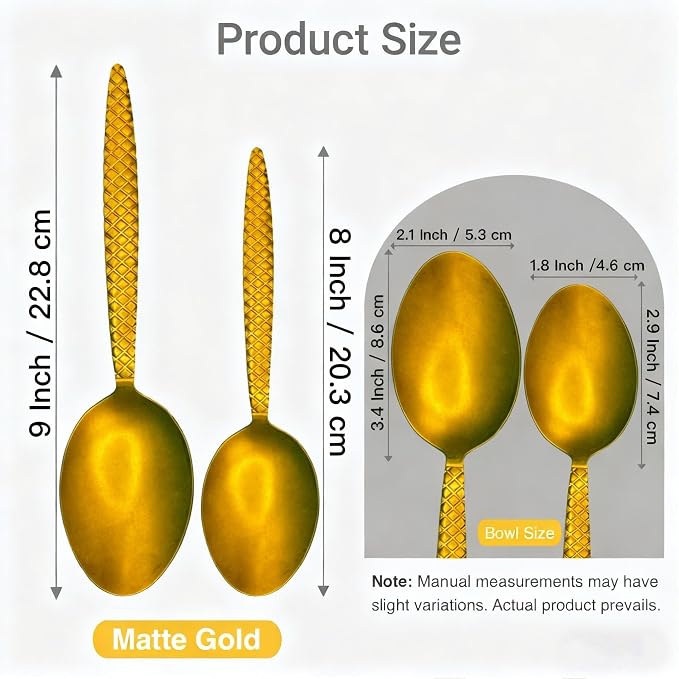 Kunz Spoons - Professional Chef Spoon Set for Basting, Plating, Quenelle, Serving, Sauces| Vintage-inspired 8" & 9" Spoon Set| Culinary Plating Tools with Non-Slip Grip (Matte Gold)