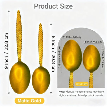 Kunz Spoons - Professional Chef Spoon Set for Basting, Plating, Quenelle, Serving, Sauces| Vintage-inspired 8" & 9" Spoon Set| Culinary Plating Tools with Non-Slip Grip (Matte Gold)