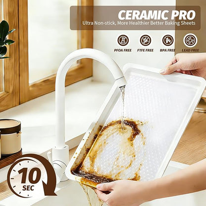 Nonstick Ceramic Baking Sheet With Rack, 2-Pack 15x10 Jelly Roll Sheet Pan, Non-Toxic, PTFE & PFOA Free, Warp-Free, Oven Safe 550°F, Dishwasher Safe, Aluminized Steel, Gray Yellow
