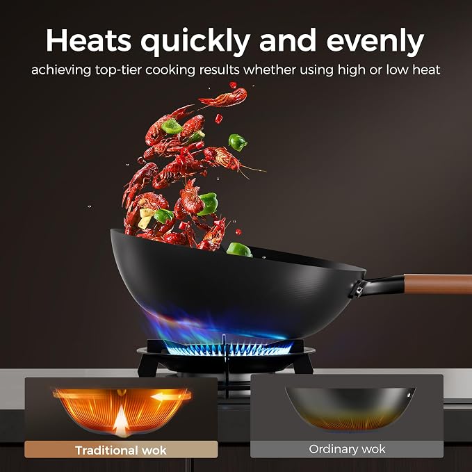 Sanho 12.6 Inch Carbon Steel Wok Pan, 5QT Woks & Stir-Fry Pans Nonstick with Lid, No Seasoning Required & 0 Coating, Compatible with All Cooktops & Utensils for Stir Fry, Pan-Fry, Steam, Camping