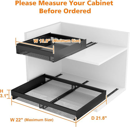 Hisencn Pull Out Cabinet Organizer, Expandable Width 13.9"-22", 21.8" Deep Heavy Duty Slide Out Drawer for Kitchen Cabinets, No Drill Roll Out Shelves with Adhesive Nano Film (Black)