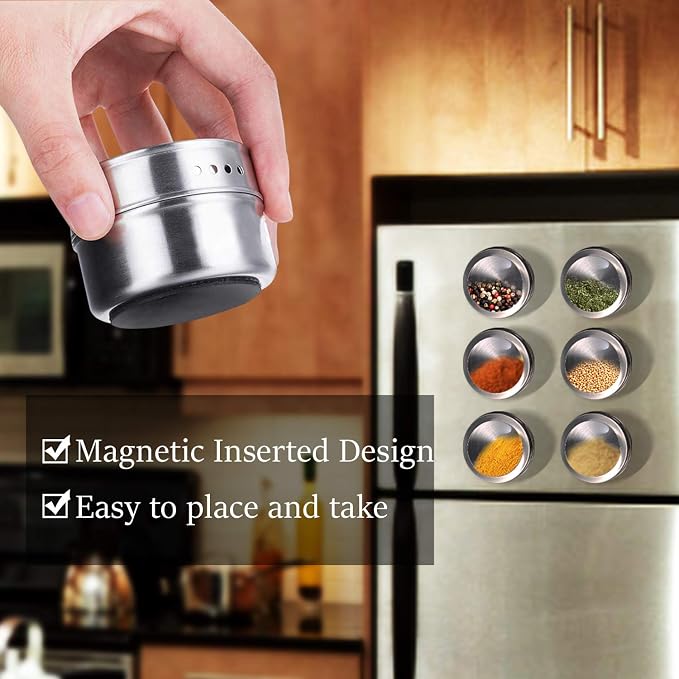 Magnetic Spice Jars,12 Pcs Stainless Steel Spice Tins with Lid and Small Holes for Sprinkle Rust Free Easy to Clean Includes 94 Labeling Stickers