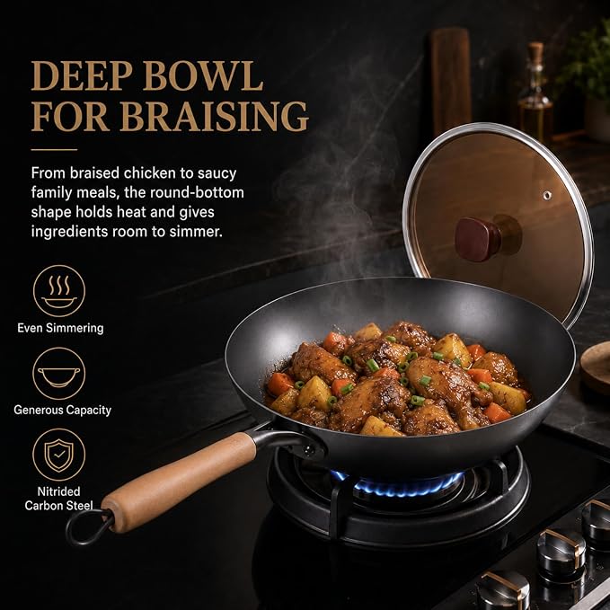 Calmabode 13” Large Round Bottom Carbon Steel Wok with Glass Lid | Large traditional Chinese round-bottom wok for gas stoves, nitrided carbon steel, glass lid, ideal for family stir-fry
