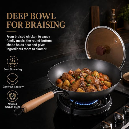 Calmabode 13” Large Round Bottom Carbon Steel Wok with Glass Lid | Large traditional Chinese round-bottom wok for gas stoves, nitrided carbon steel, glass lid, ideal for family stir-fry